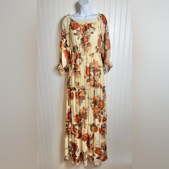 Baltic Born Dresses & Skirts - Baltic Born NWT ivory floral off shoulder long sleeve maxi dress belt Medium D22